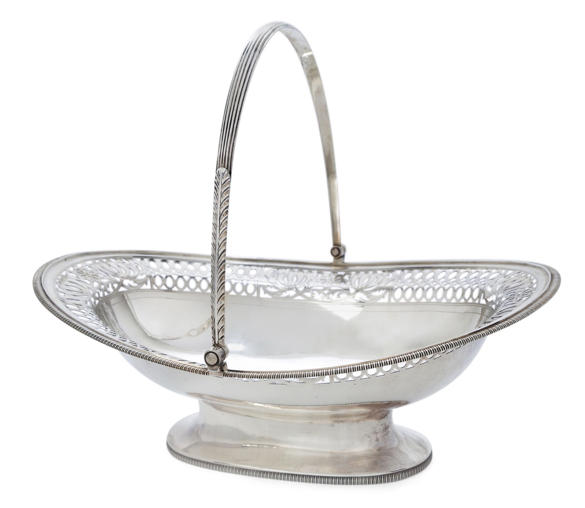 A George III swing-handled cake basket, London, 1805, William Allen III, designed with pierced bo...