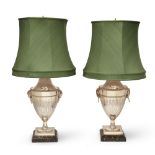 A pair of silver plated urn table lamps, of neo-Classical style, second half 20th century, each w...