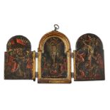 A Greek triptych travelling icon, 18th century, with break arch panels painted with four scenes f...