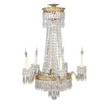 An English cut-glass and gilt-bronze five-light chandelier, of Regency style, late 19th century, ...