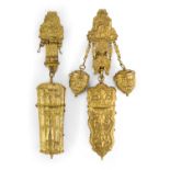 A George III gilt-brass etui and chatelaine, third quarter 18th century, the etui decorated with ...