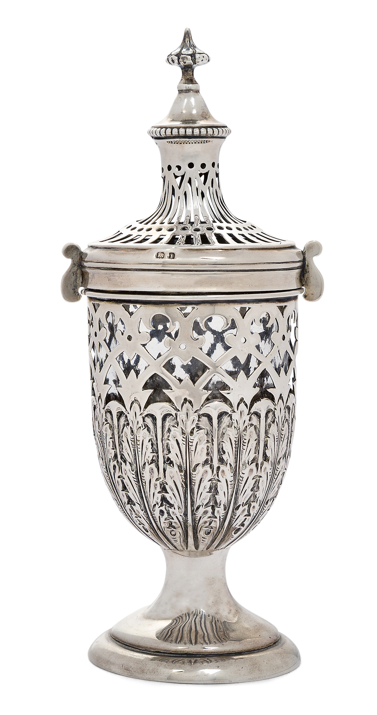 A pierced Edwardian silver caster with clear glass liner, Birmingham, 1908, Henry Matthews,  the ...