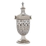 A pierced Edwardian silver caster with clear glass liner, Birmingham, 1908, Henry Matthews,  the ...