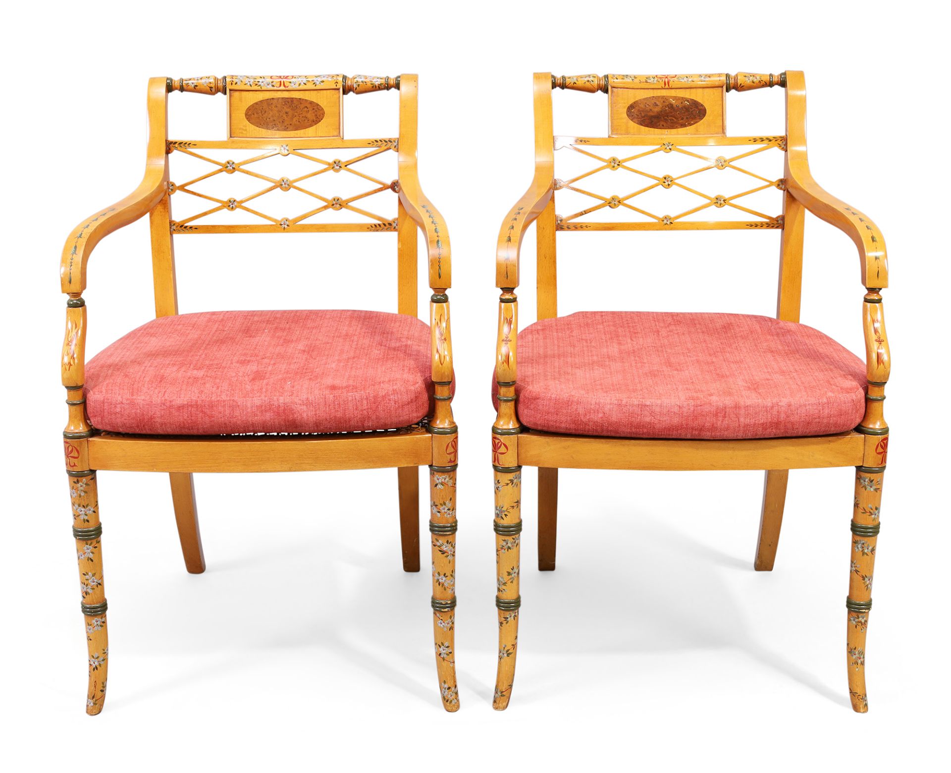 A pair of English inlaid satinwood armchairs, in Sheraton style, 20th century, polychrome painted... - Bild 2 aus 4