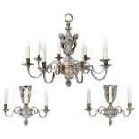 An English silvered brass eight-light 'Knole' chandelier, first quarter 20th century, the baluste...