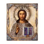 A Russian icon of Christ Pantocrator, Moscow, 1886, by Ivan Ovchinnikov, assay master A. Romanov,...