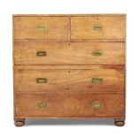 A teak campaign chest, 19th century, with two short and three long drawers, the recessed brass ha...