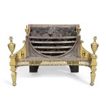 An English steel and brass fire-grate, of Adam style, late 20th century, the standards with urn s...