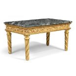 An Italian giltwood rectangular low table, 19th century, with later verde antico marble top above...