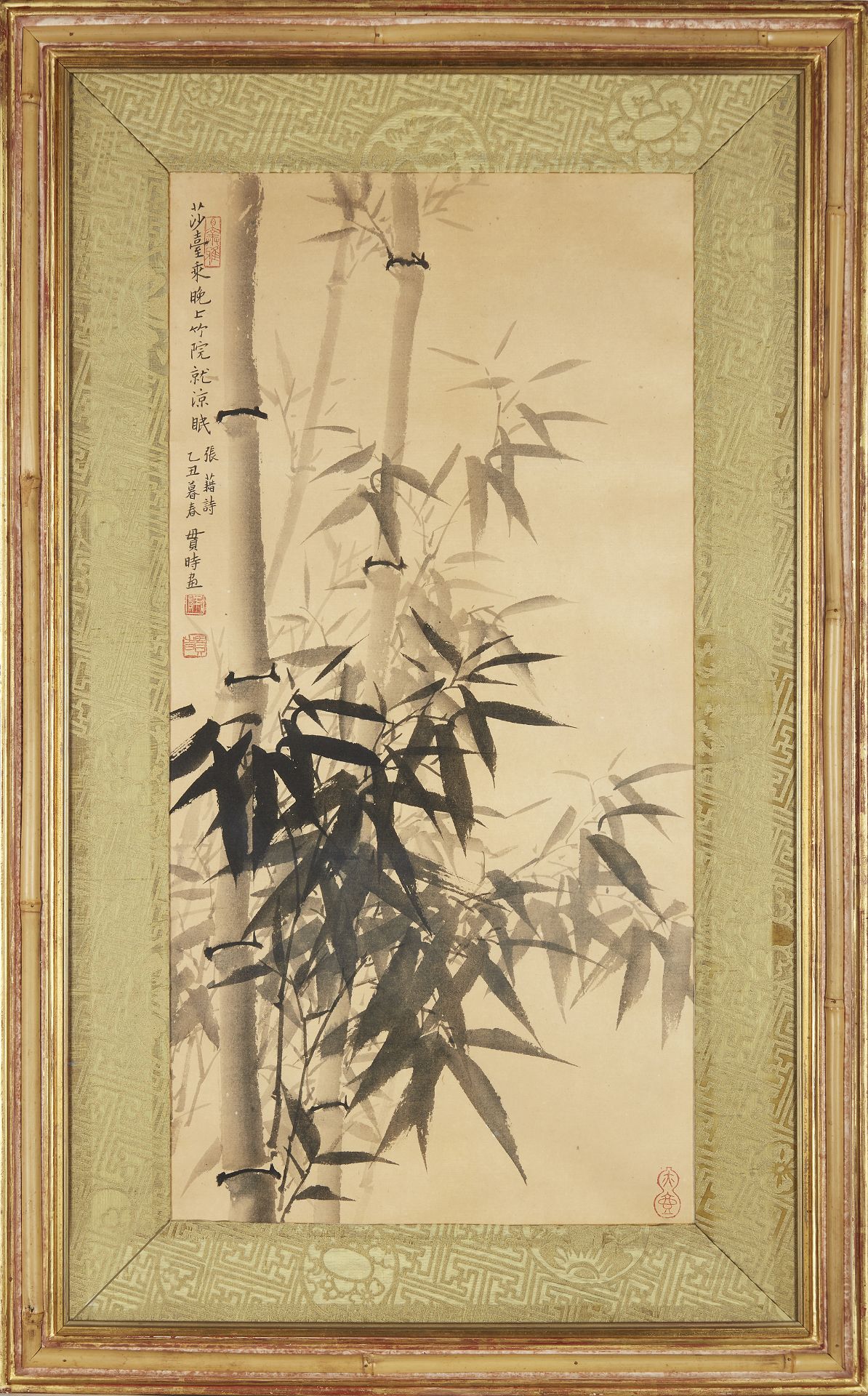 A Chinese ink on paper depicting bamboo, c.1925, signed Guan Shi, Yi Chou, within silk border, in...