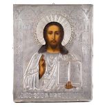 A Russian icon of Christ Pantocrator, maker’s mark indistinct, 1883, assay master Cyrillic V.P., ...