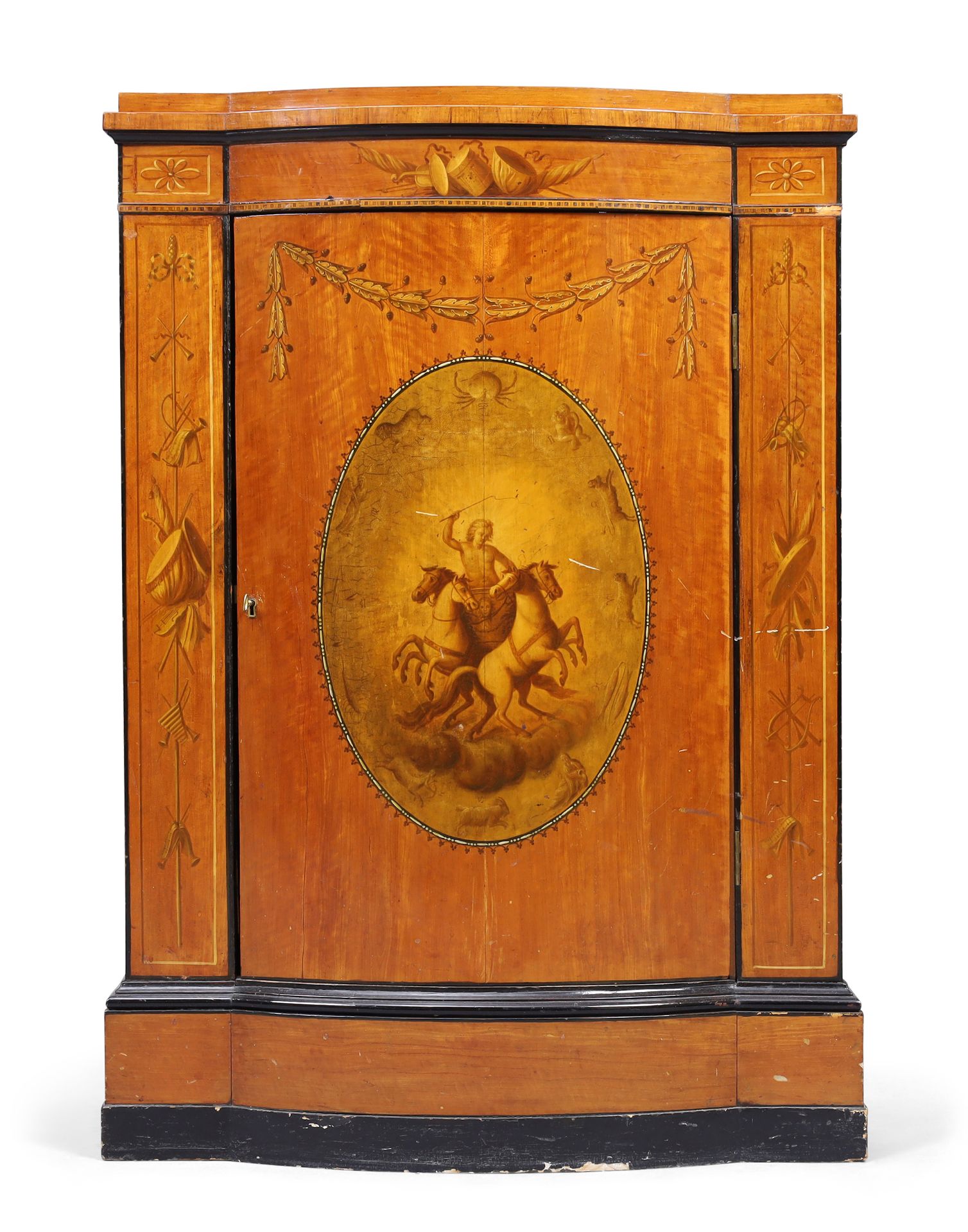 An Edwardian Sheraton revival satinwood and painted bow front side cabinet, in the George III sty...