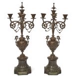 A pair of French bronze five-light candelabra, of neo-classical style, late 19th century, the urn...