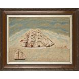 A Victorian sailor's woolwork picture of ships at sea, late 19th century, depicting a British thr...