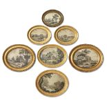 A group of seven Regency silk and hair embroidered pictures, early 19th century, depicting variou...