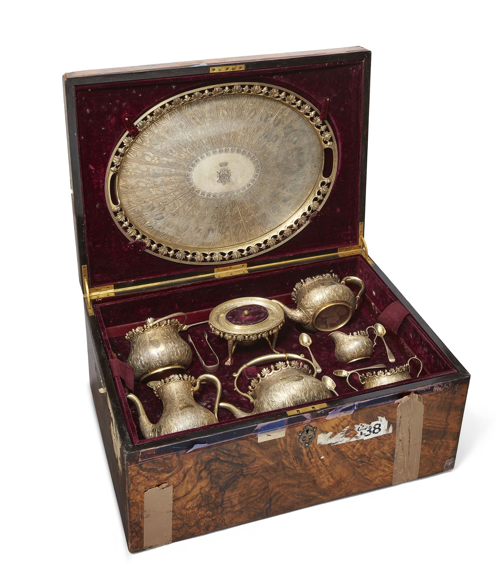 A Victorian silver gilt tea service in velvet-lined wooden chest, London, 1882, Martin, Hall & Co...