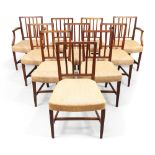 A set of ten George III dining chairs, last quarter 18th century, to include two carvers, with re...