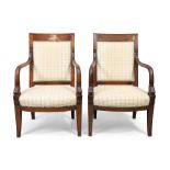 A pair of French mahogany arm chairs, in the Empire style, last quarter 19th century, the curved ...