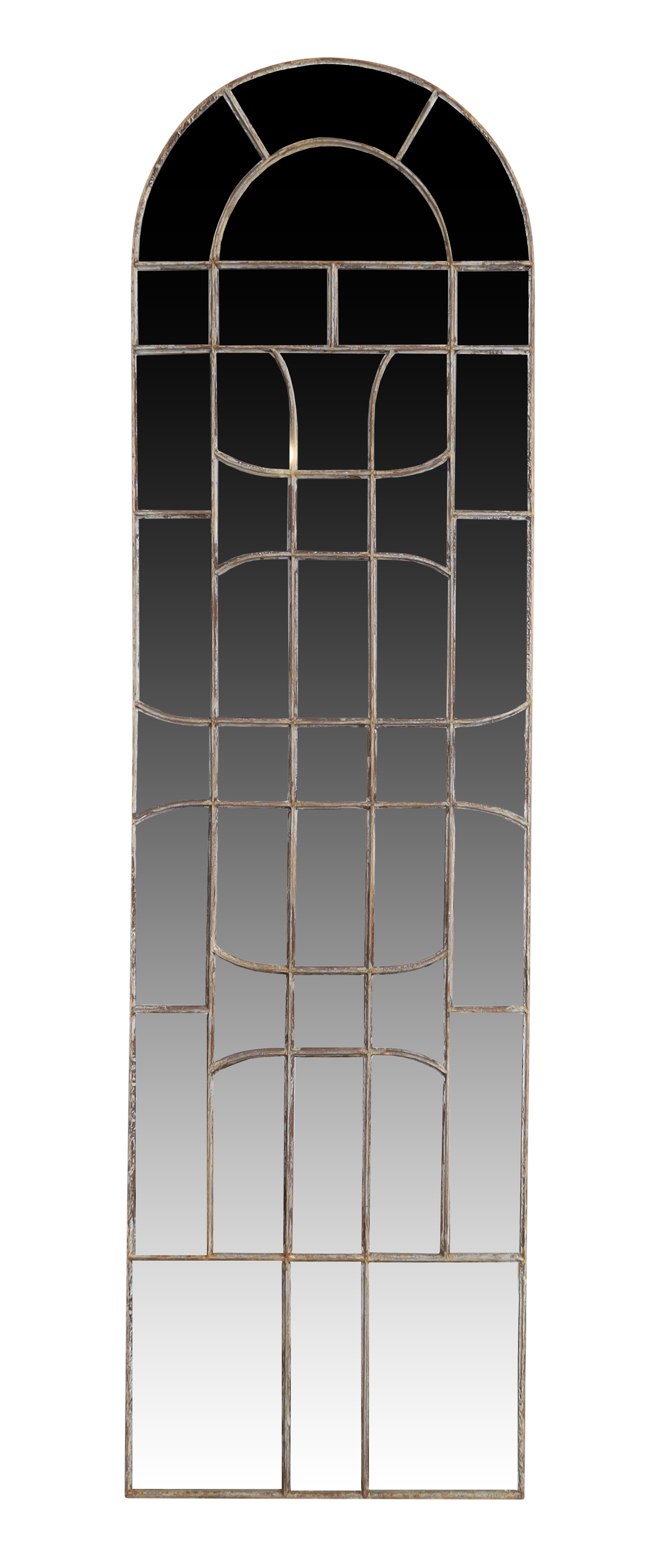 An iron framed sectional garden mirror, 20th century, with arched top, 272cm x 77cm