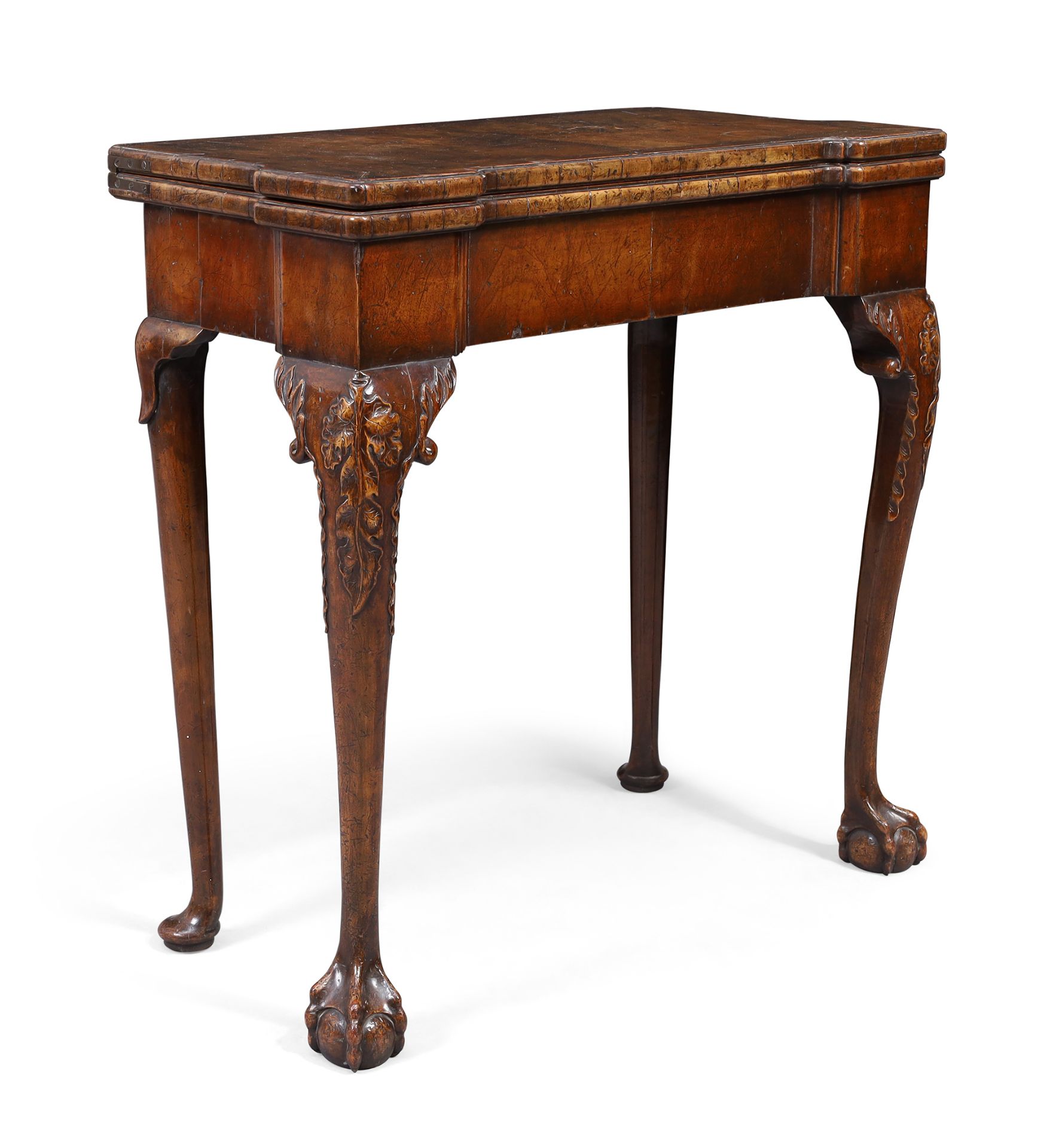 An English walnut card table concertina, in the George II style, first quarter 20th century, the ...