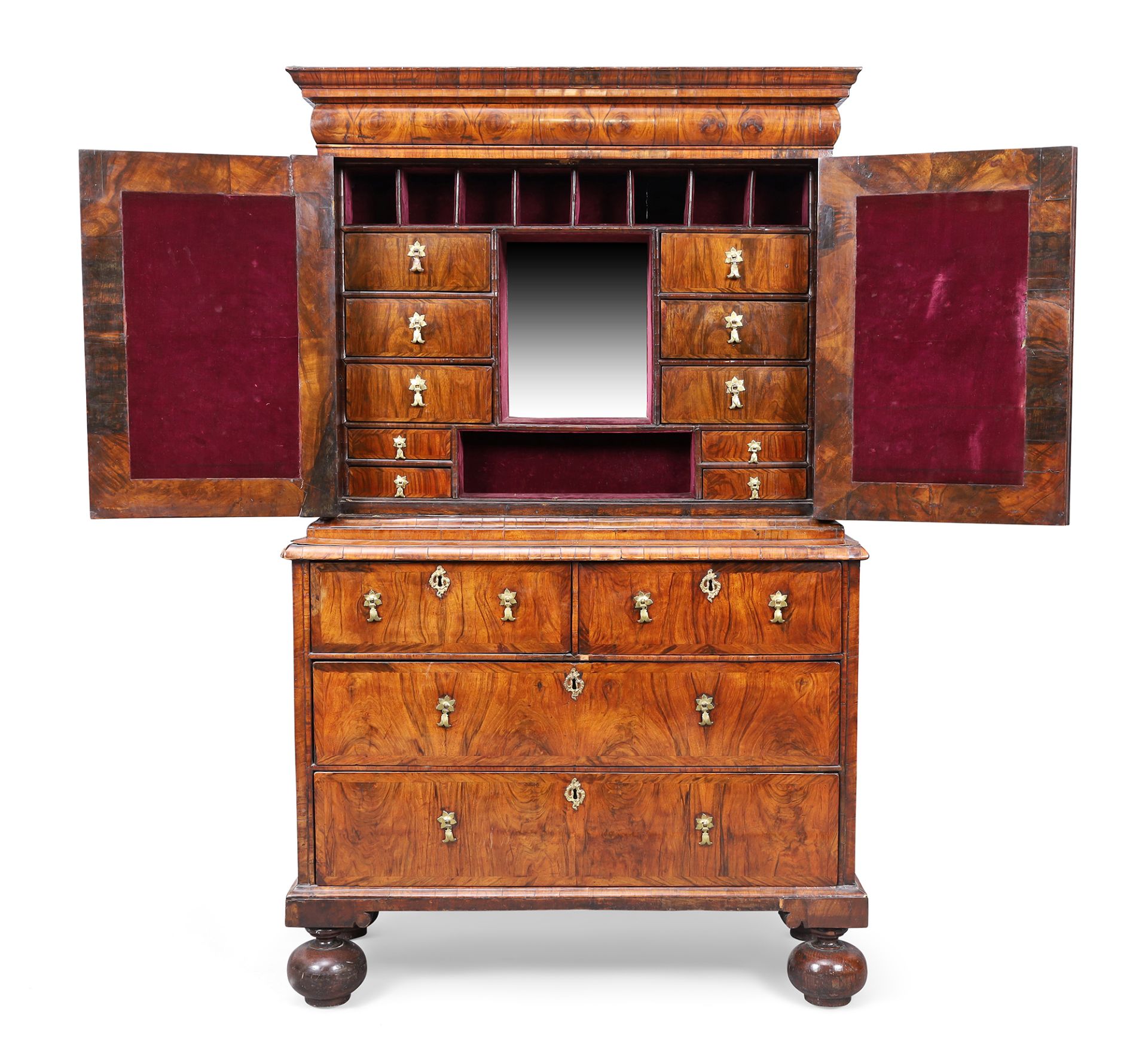 A Queen Anne walnut cabinet on chest, first quarter 18th century, the moulded cornice above cushi... - Image 2 of 4