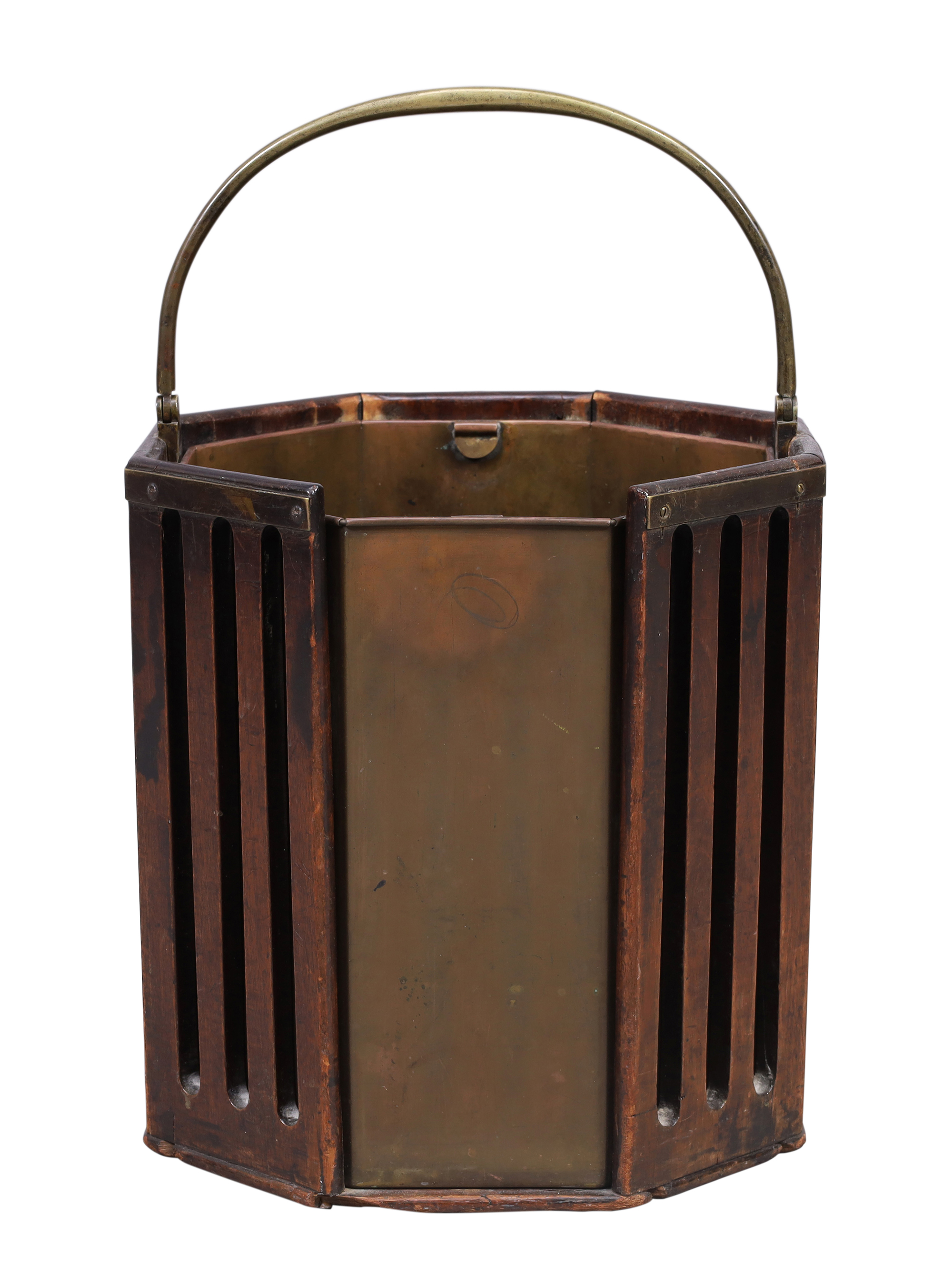 A George III mahogany plate bucket, last quarter 18th century, with slatted sides, brass handle a...
