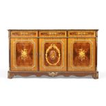 A French inlaid walnut side cabinet, 20th century, gilt metal mounted, the marble top above three...