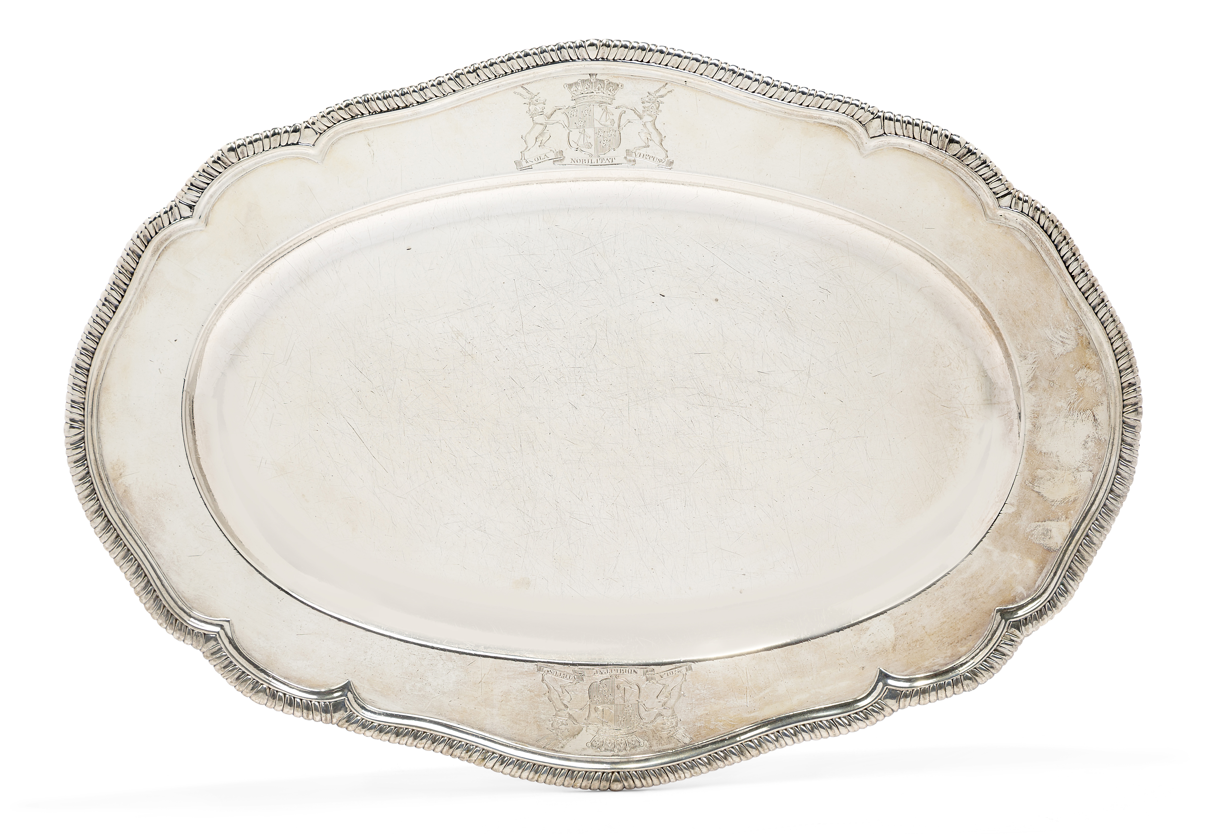 A George II silver meat platter, London, 1758, Charles Frederick Kandler, of shaped oval form wit...