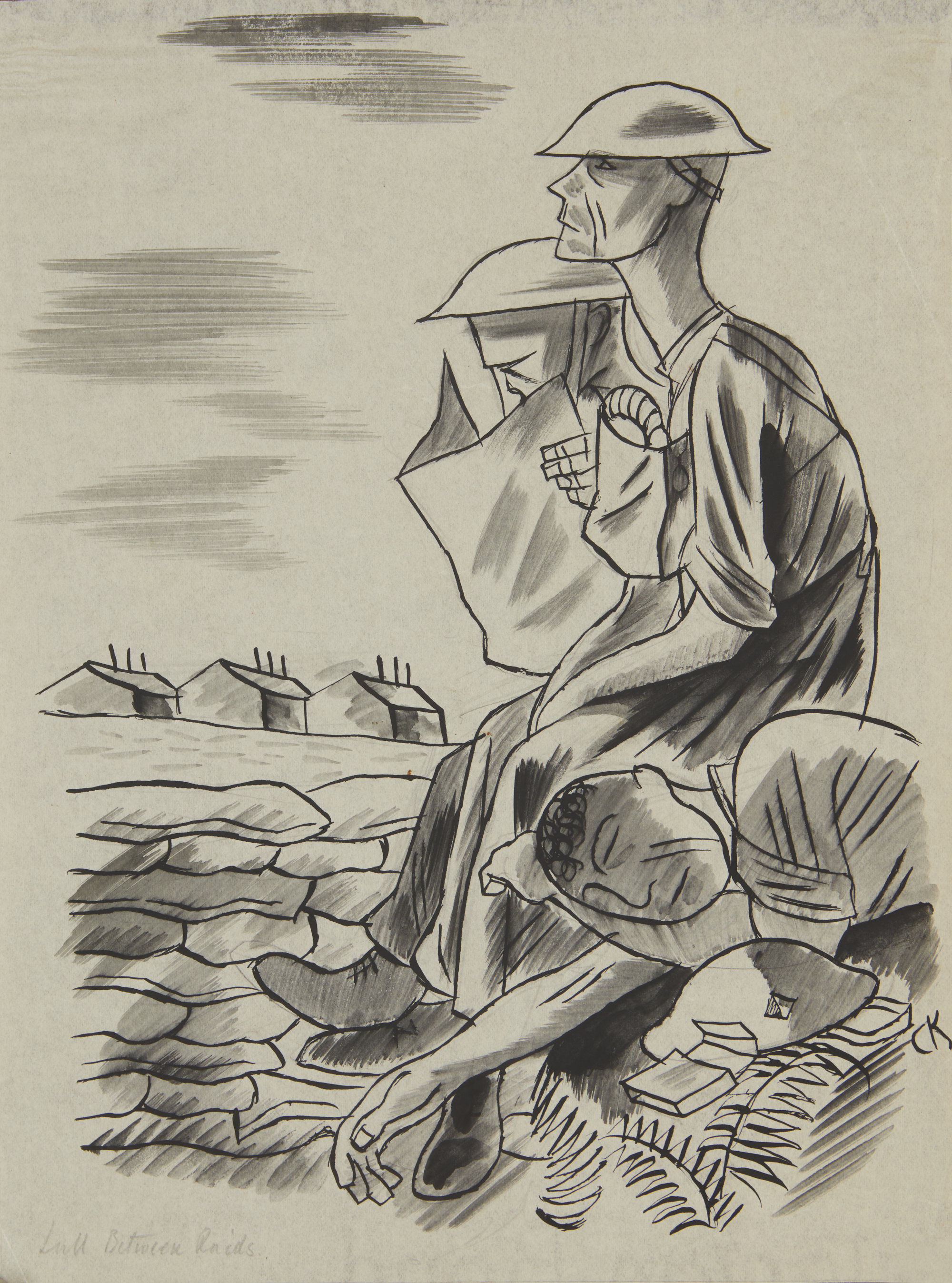 Cecil Keeling,  British 1912-1976 -  Lull Between Raids;  ink on paper, signed with initials ri...