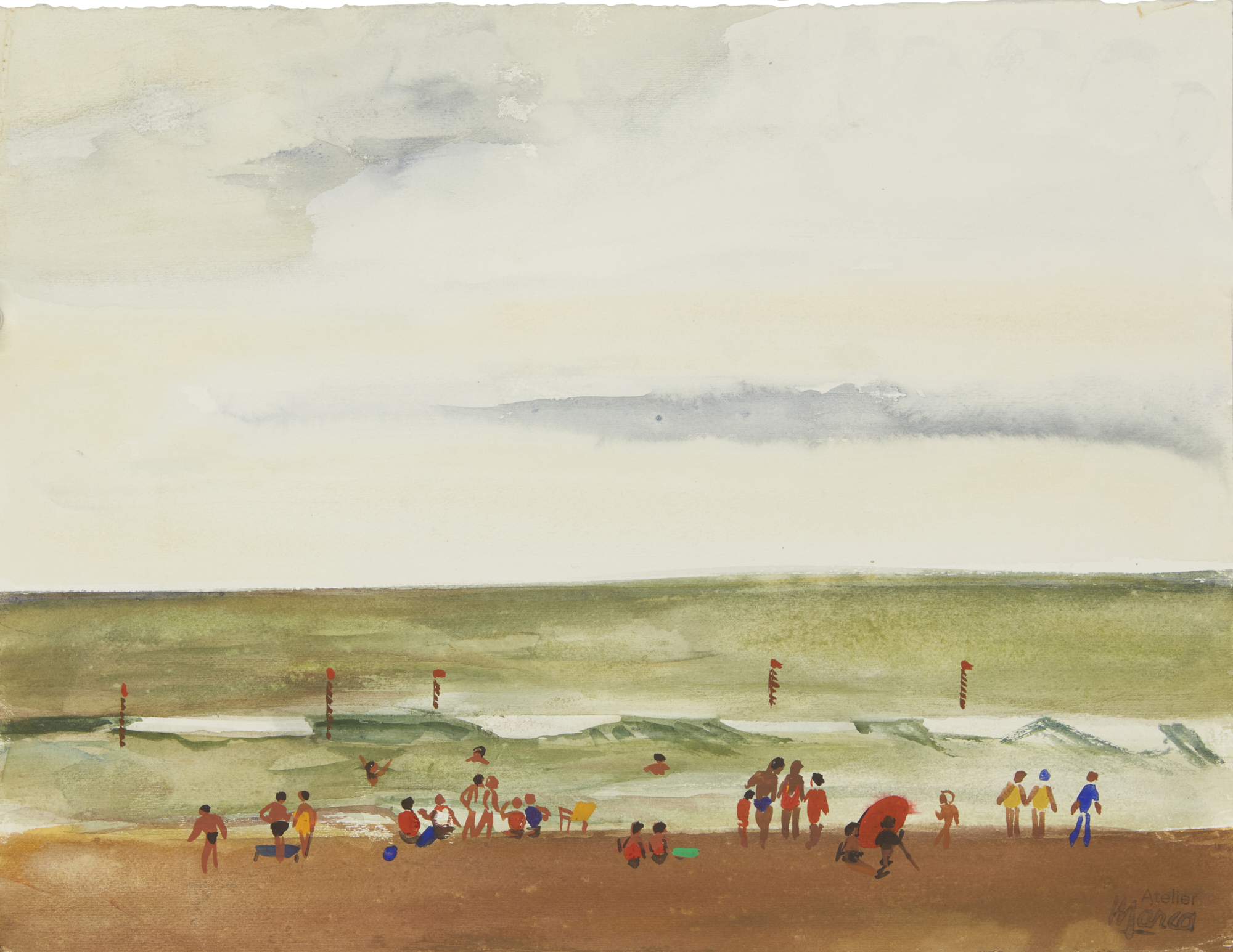 Janine Marca,  French 1921-2013 -  Beach scene;  gouache on paper, with atelier stamp lower rig...