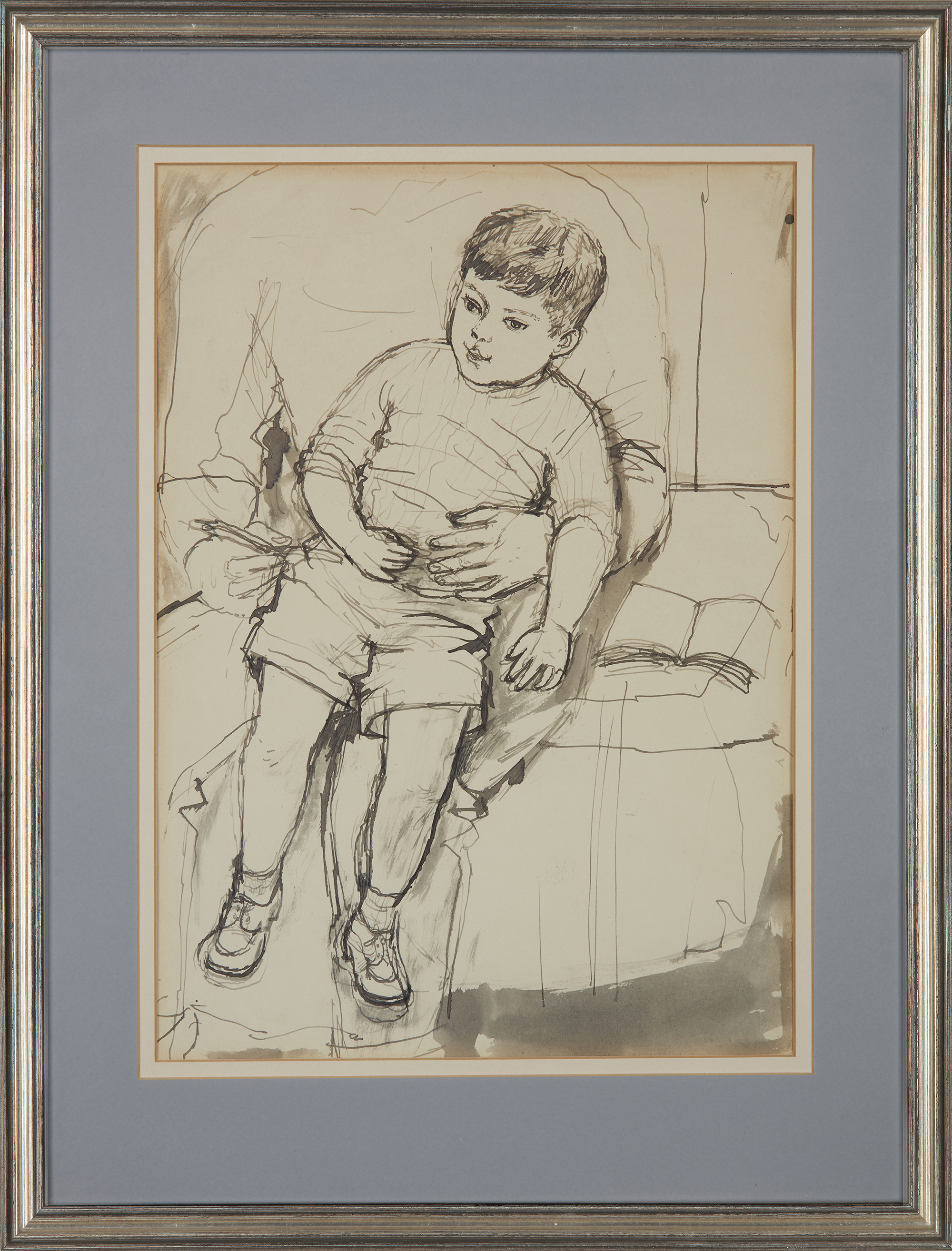 John Minton,  British 1917-1957 -  Seated boy;  ink on paper, 36 x 26 cm (ARR)  Provenance: Ch... - Image 2 of 3