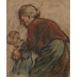William Conor, RHA PRUA,  Irish 1881-1968 -  Grandmother and Child;  oil pastel, pastel, pencil...
