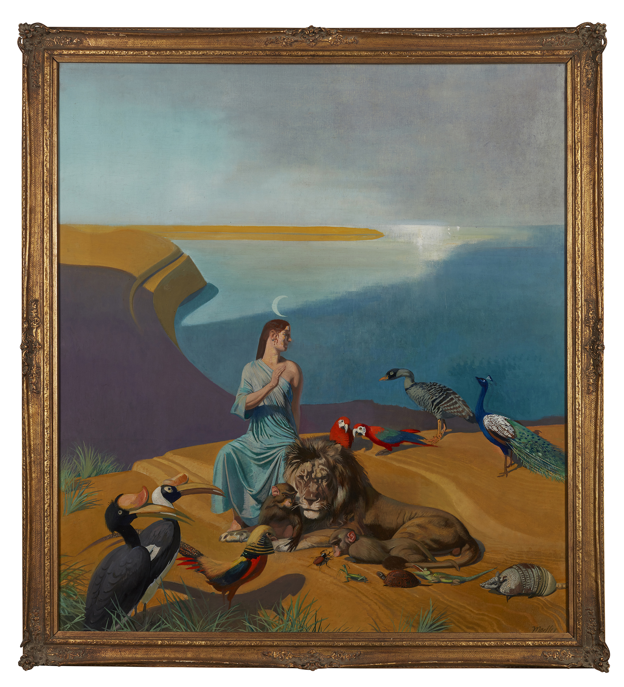 Julius Moessel,  German 1872-1960 -  Diana with animals;  oil on canvas, signed lower right 'Mo... - Image 2 of 3