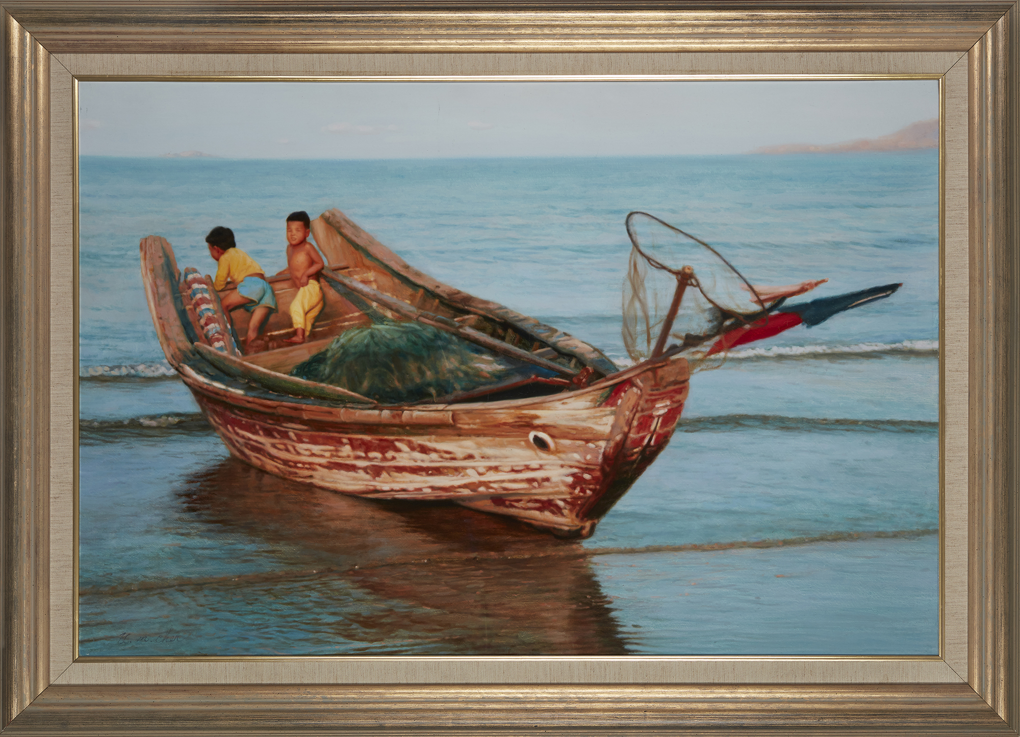 Yiming Chen,  Chinese b.1951 -  Untitled (Two boys in a boat);  oil on canvas, signed lower lef... - Image 2 of 3