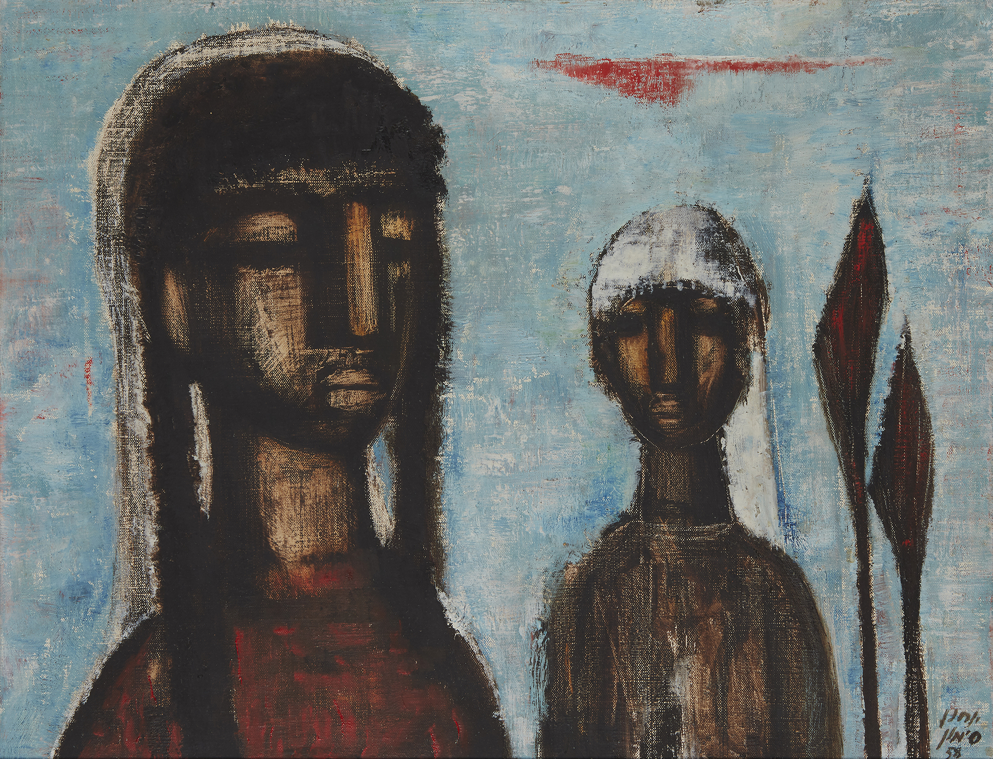 Yohanan Simon,  Israeli 1905-1976 -  Two figures against a blue sky, 1958;  oil on canvas, sign...