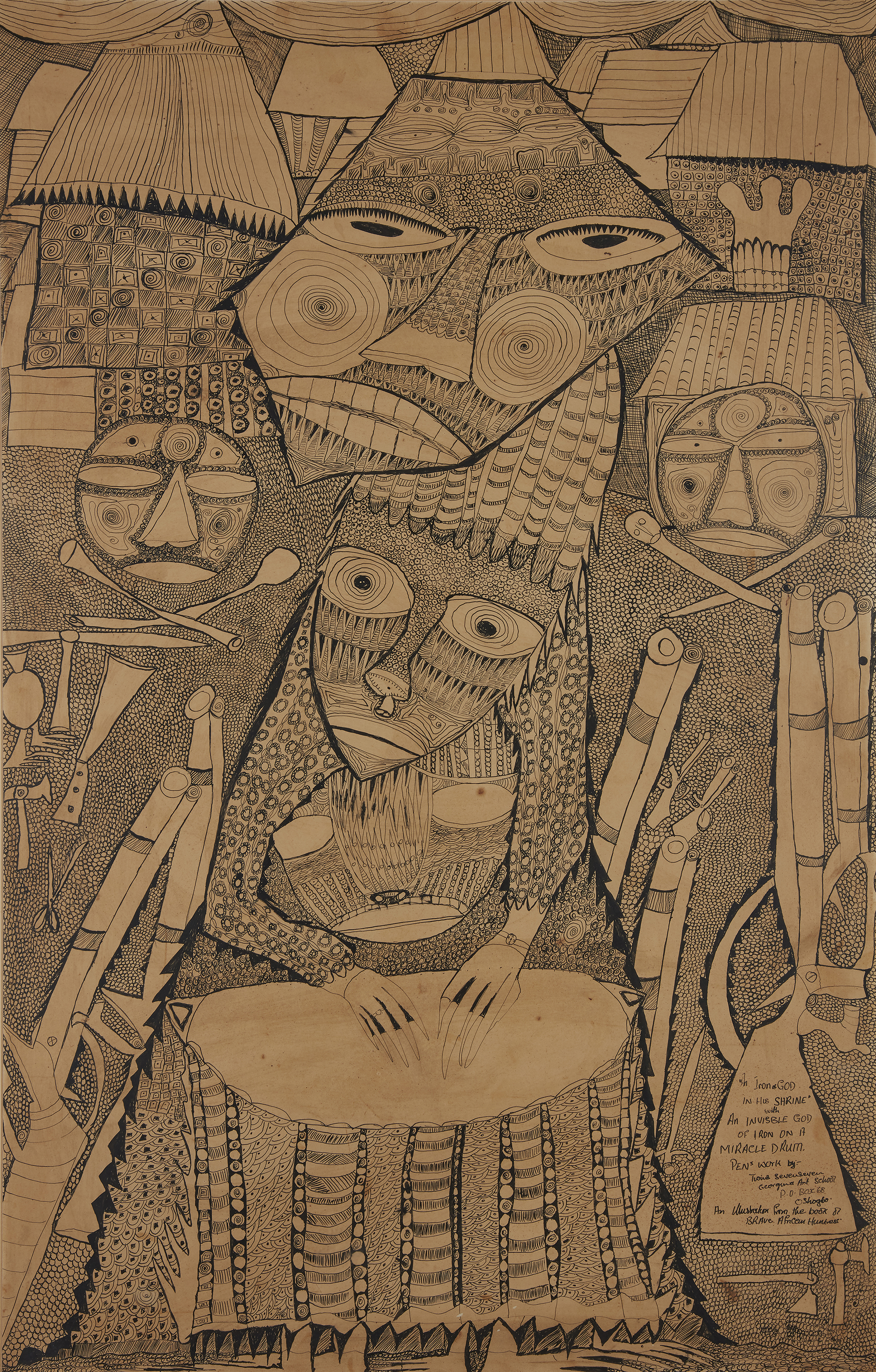 Twins Seven Seven,  Nigerian 1944-2011 -  An Iron of God in His Shrine;  ink on paper, signed, ...