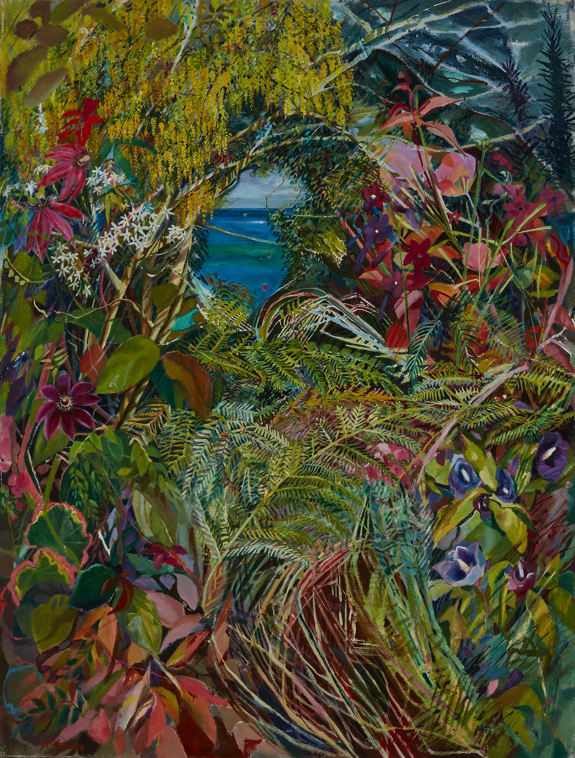 Angela Braven,  British b.1947 -  View from a jungle;  oil on canvas, signed lower left 'A.Brav...