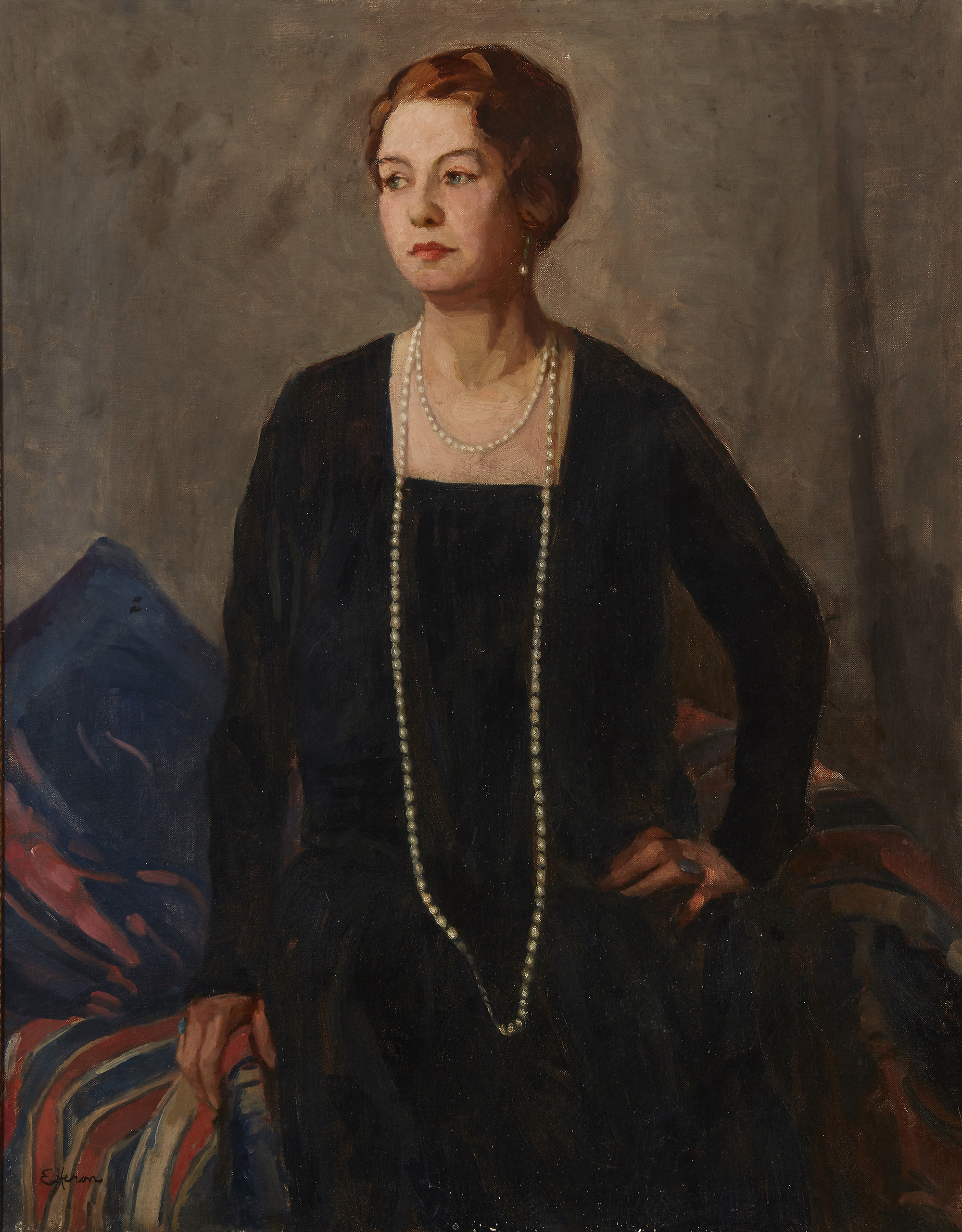 Ethel Heron,  British active c.1902-1933 -  A Lady in Black;  oil on canvas, signed lower left ...