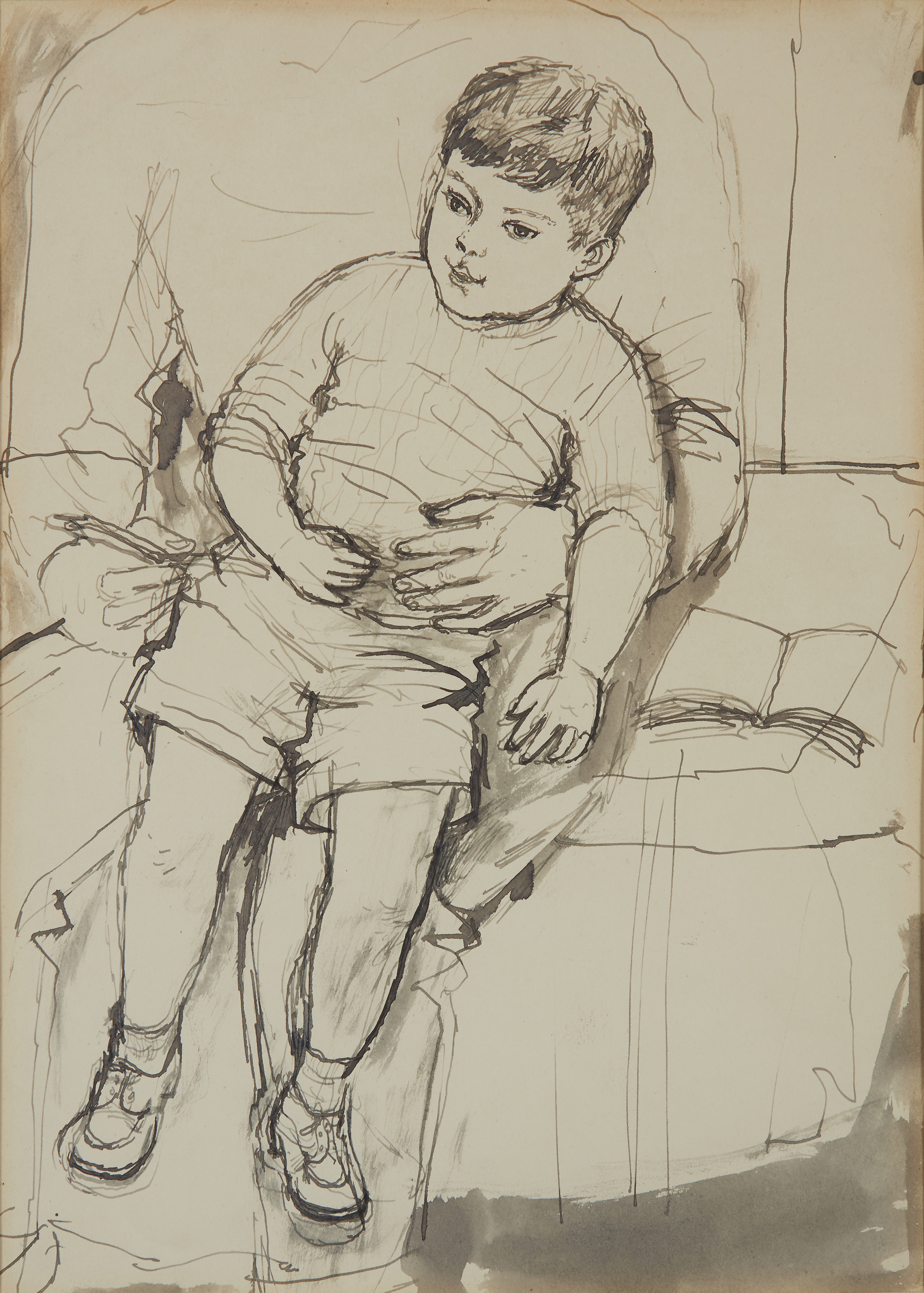 John Minton,  British 1917-1957 -  Seated boy;  ink on paper, 36 x 26 cm (ARR)  Provenance: Ch...