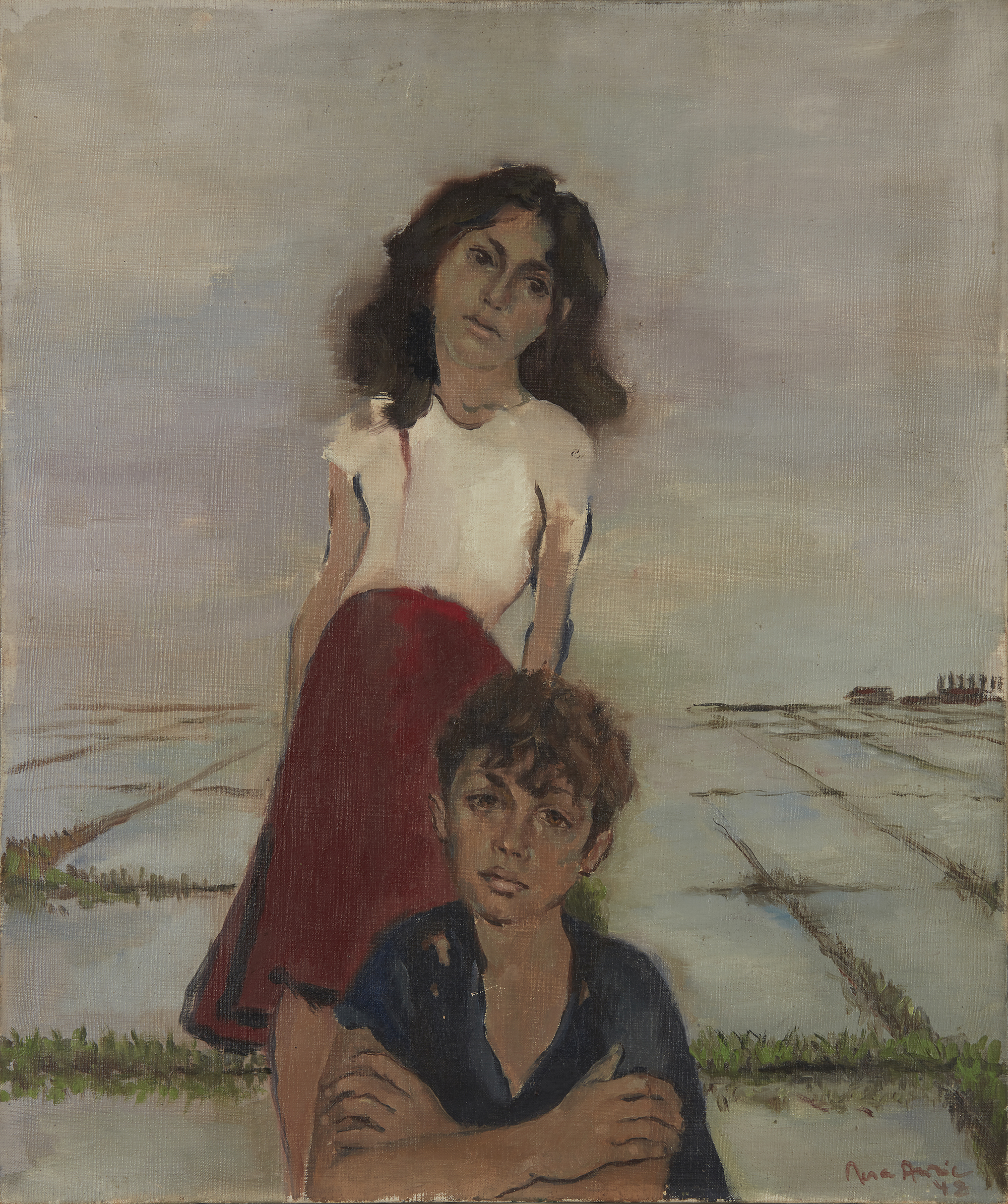 Nora Auric,  French 1903-1982 -  Two children, 1948;  oil on canvas, signed and dated lower rig...