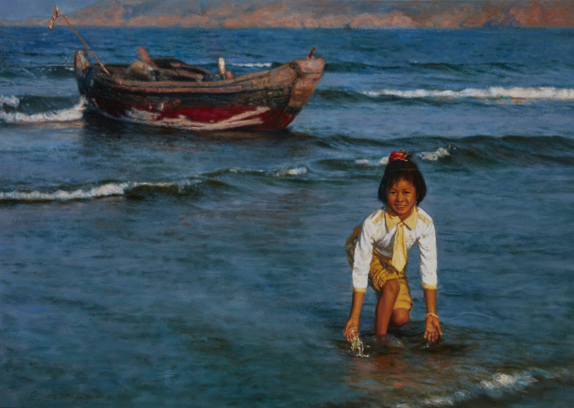 Yiming Chen,  Chinese b.1951 -  Untitled (Girl on the Beach), 1992;  oil on canvas, signed lowe...