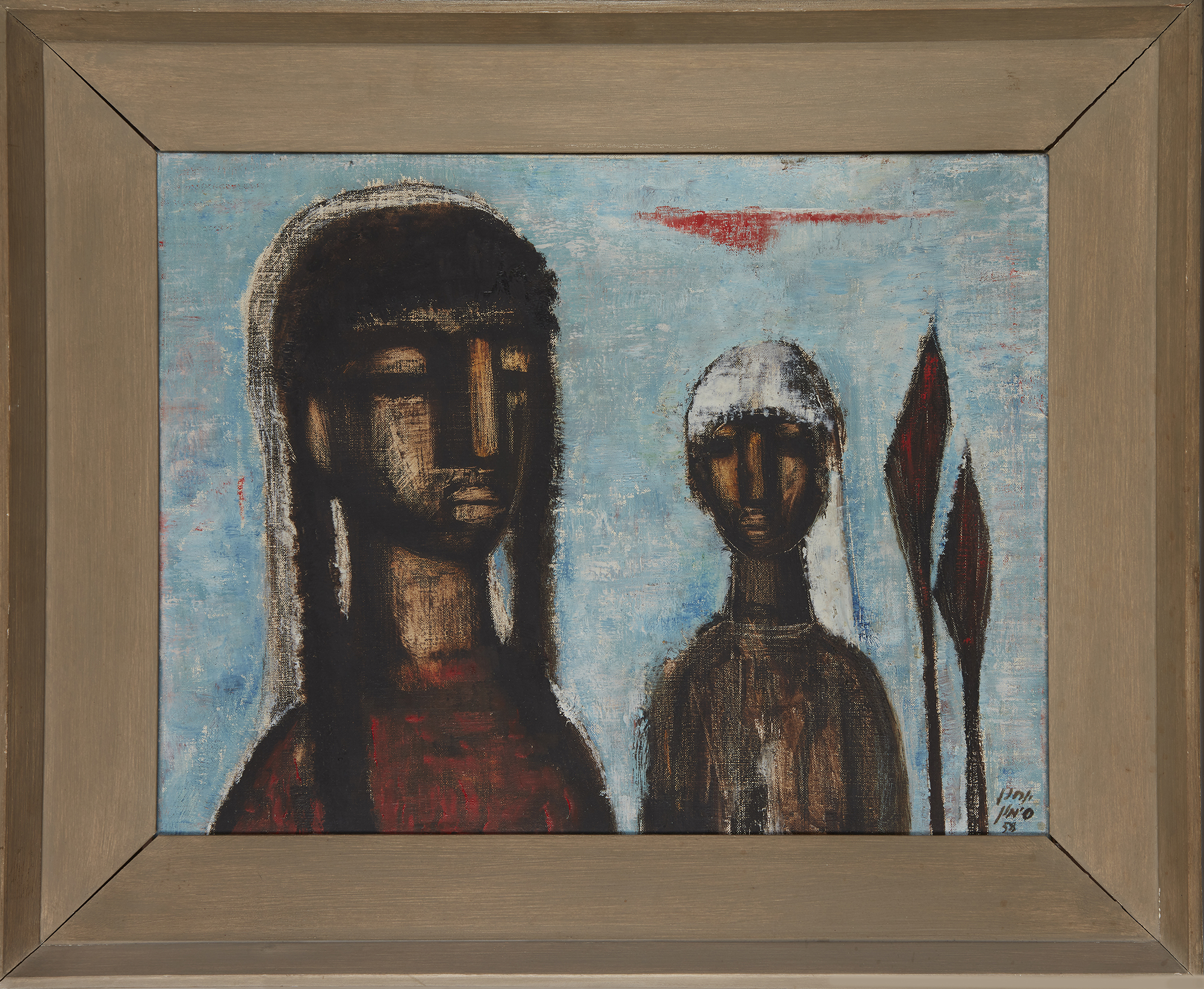 Yohanan Simon,  Israeli 1905-1976 -  Two figures against a blue sky, 1958;  oil on canvas, sign... - Image 2 of 3