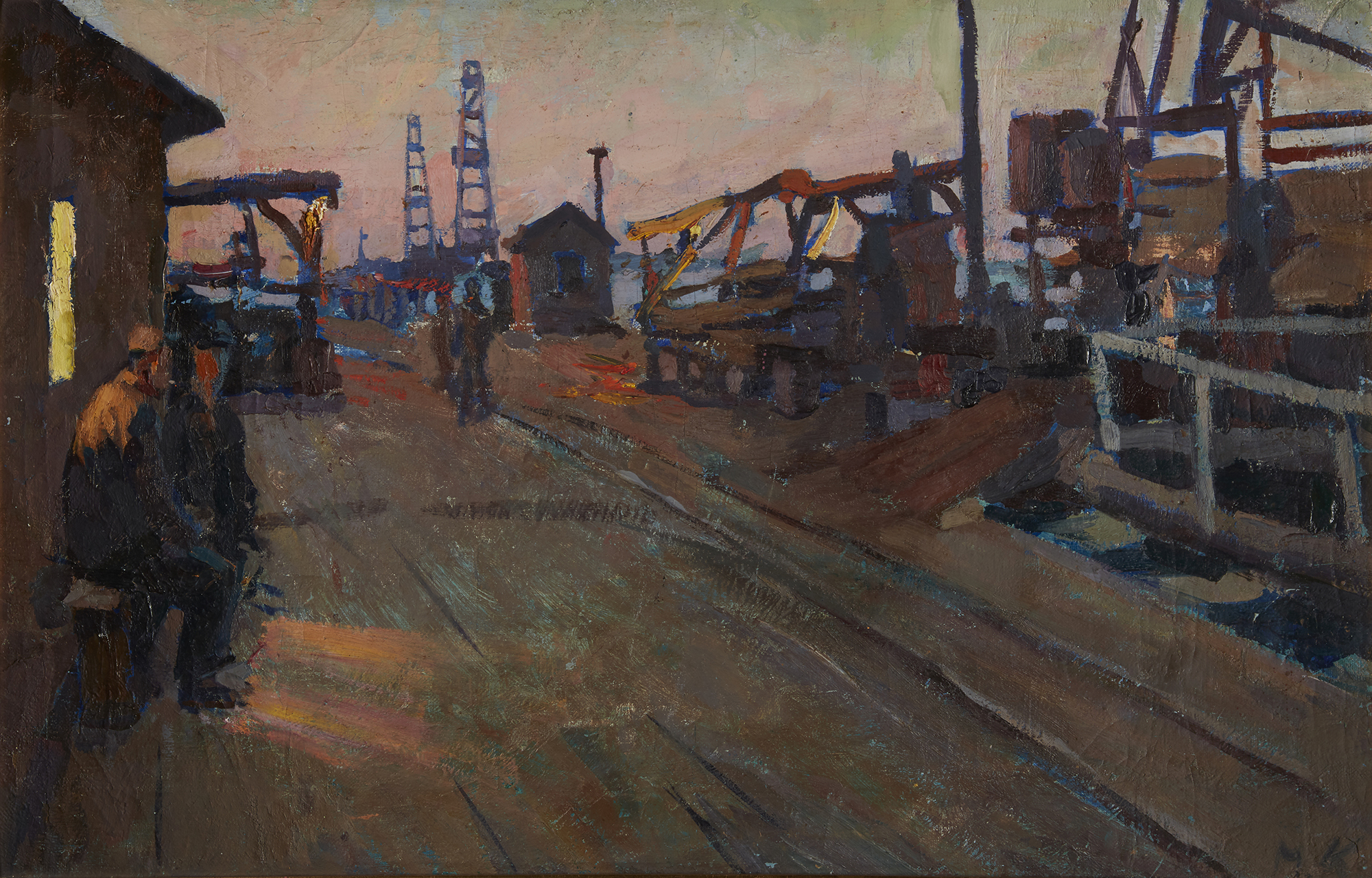 Mikhail Kazansky,  Russian 1932-2003 -  Evening at the Oil Refinery, 1958;  oil on canvas, sign...