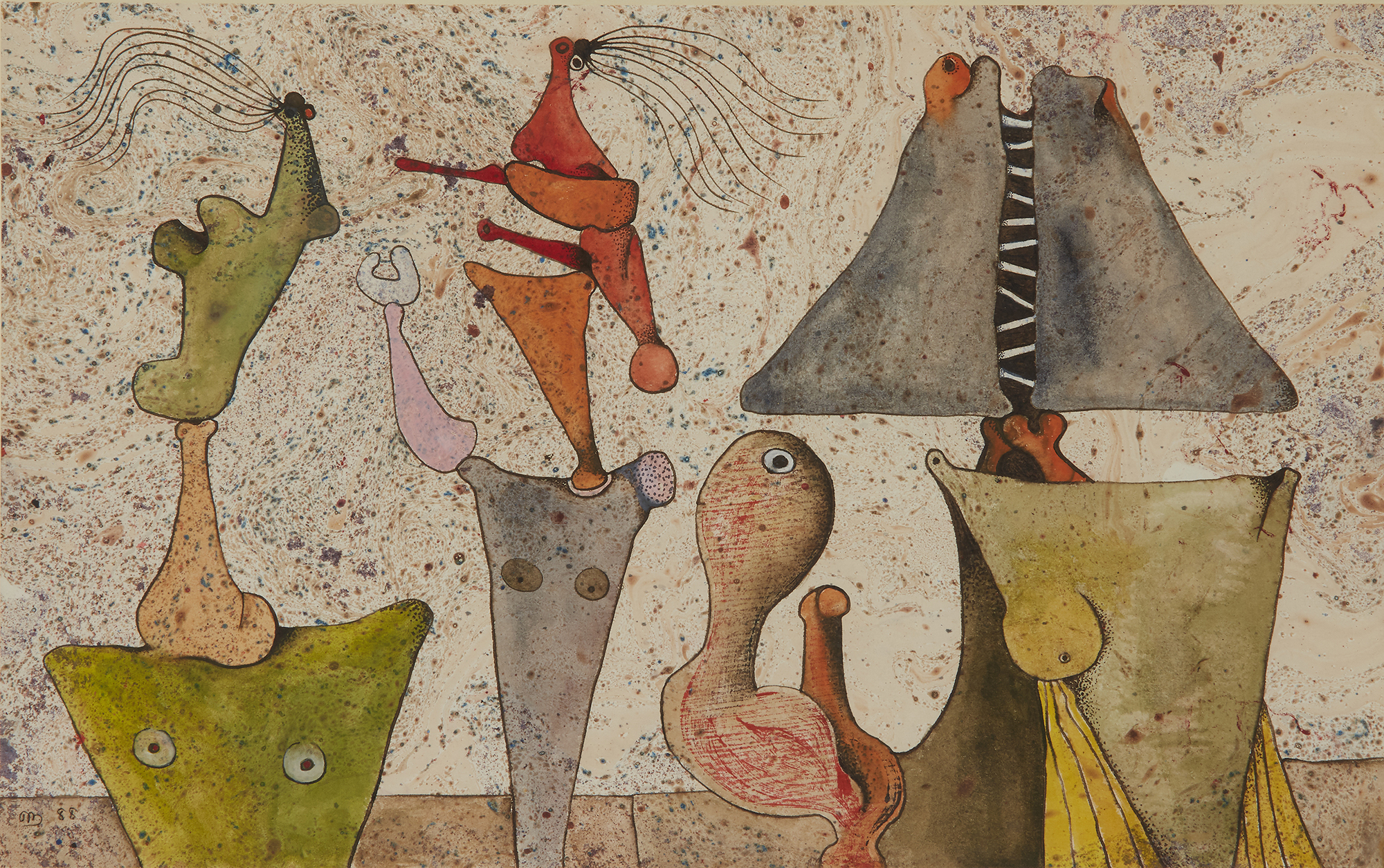 Desmond Morris,  British b.1928 -  Drawing No.5 Extravagant Friends, 1988;  watercolour, gouach...