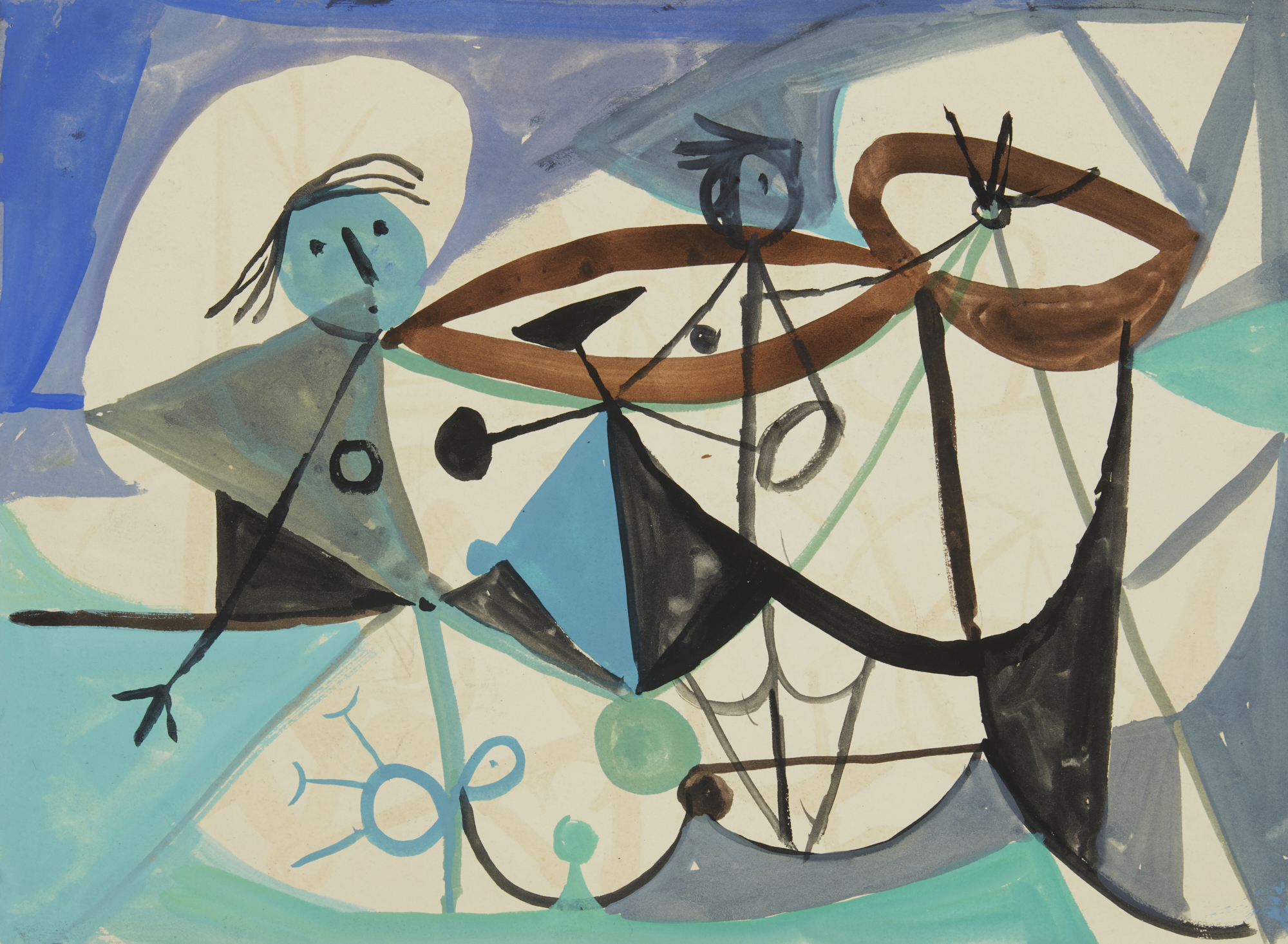 Henry Cliffe,  British 1919-1993 -  Figures in a blue abstract composition;  gouache on paper, ...