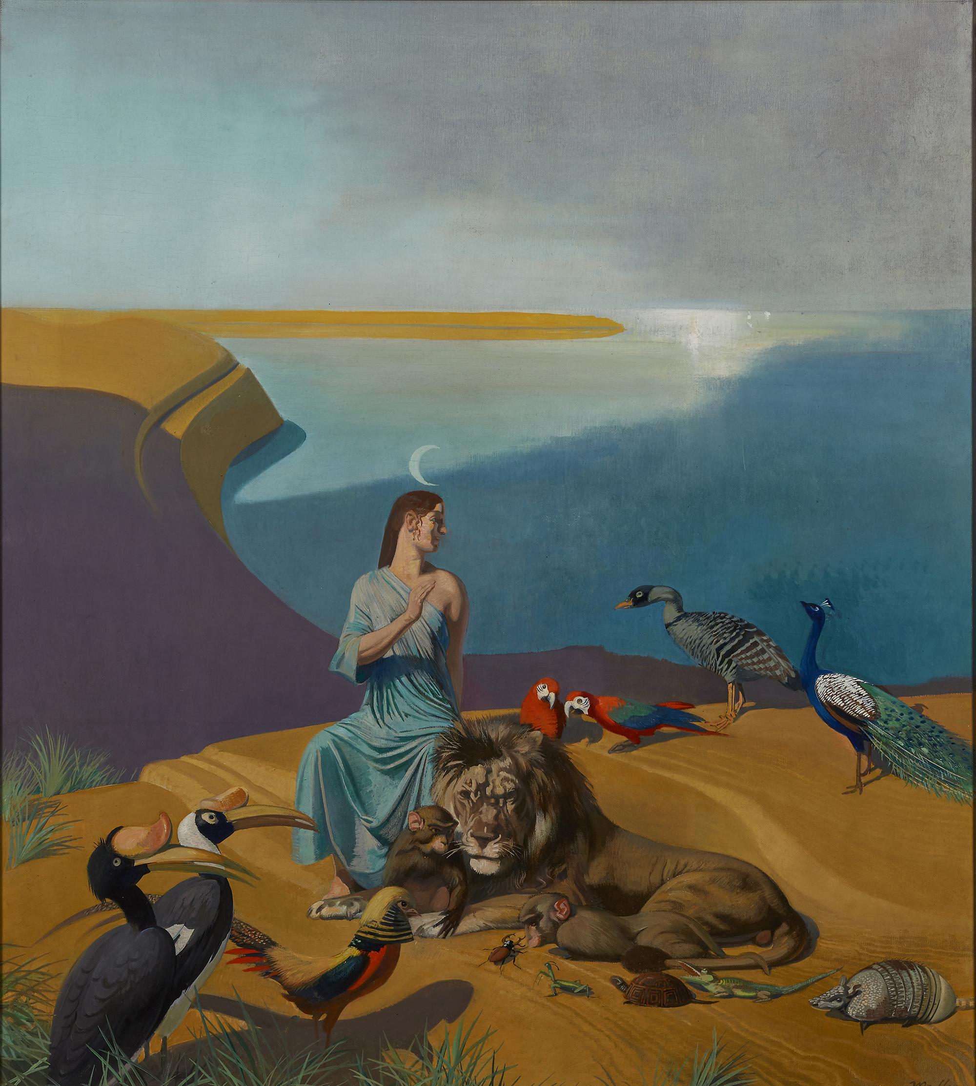 Julius Moessel,  German 1872-1960 -  Diana with animals;  oil on canvas, signed lower right 'Mo...