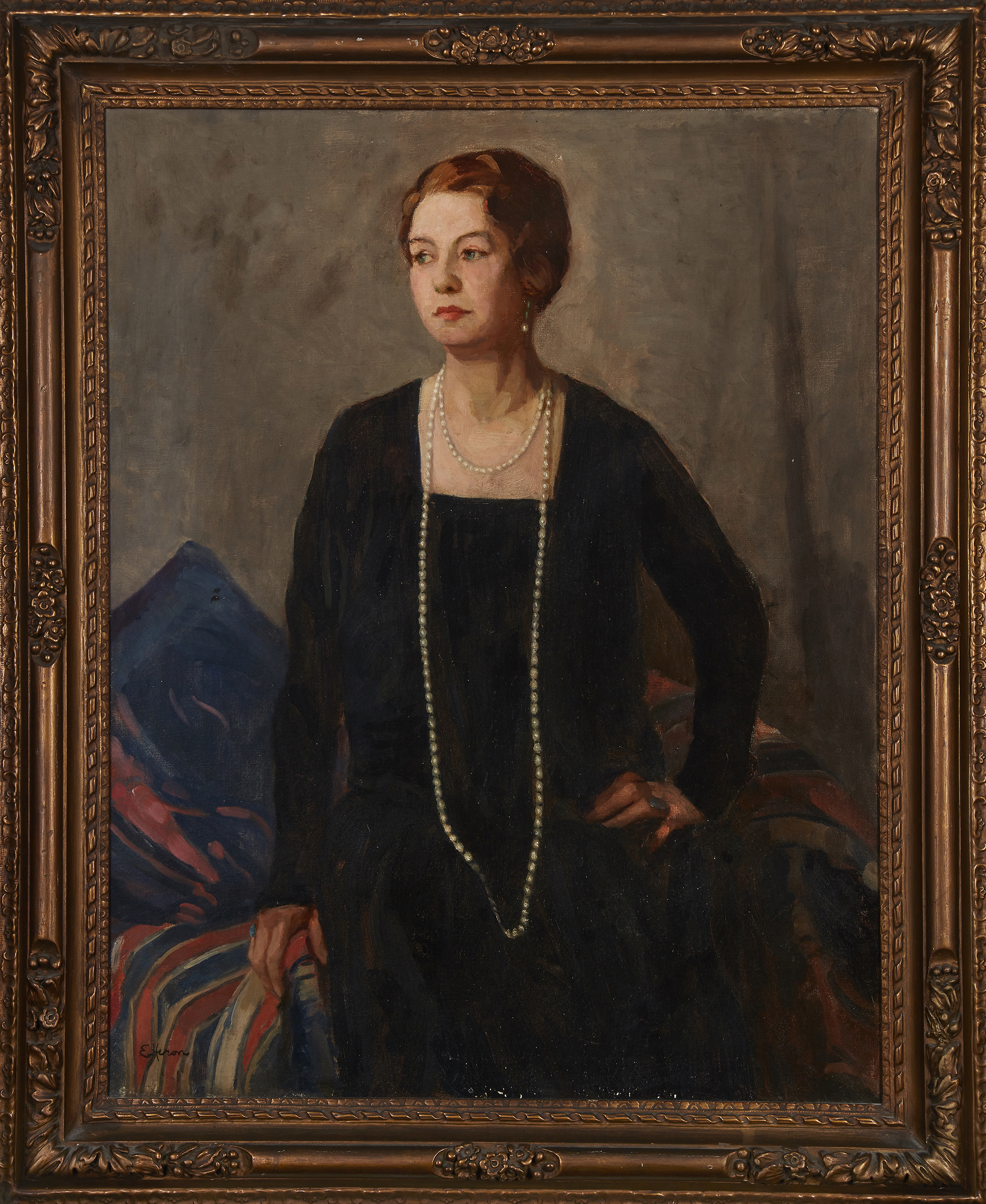 Ethel Heron,  British active c.1902-1933 -  A Lady in Black;  oil on canvas, signed lower left ... - Image 2 of 3