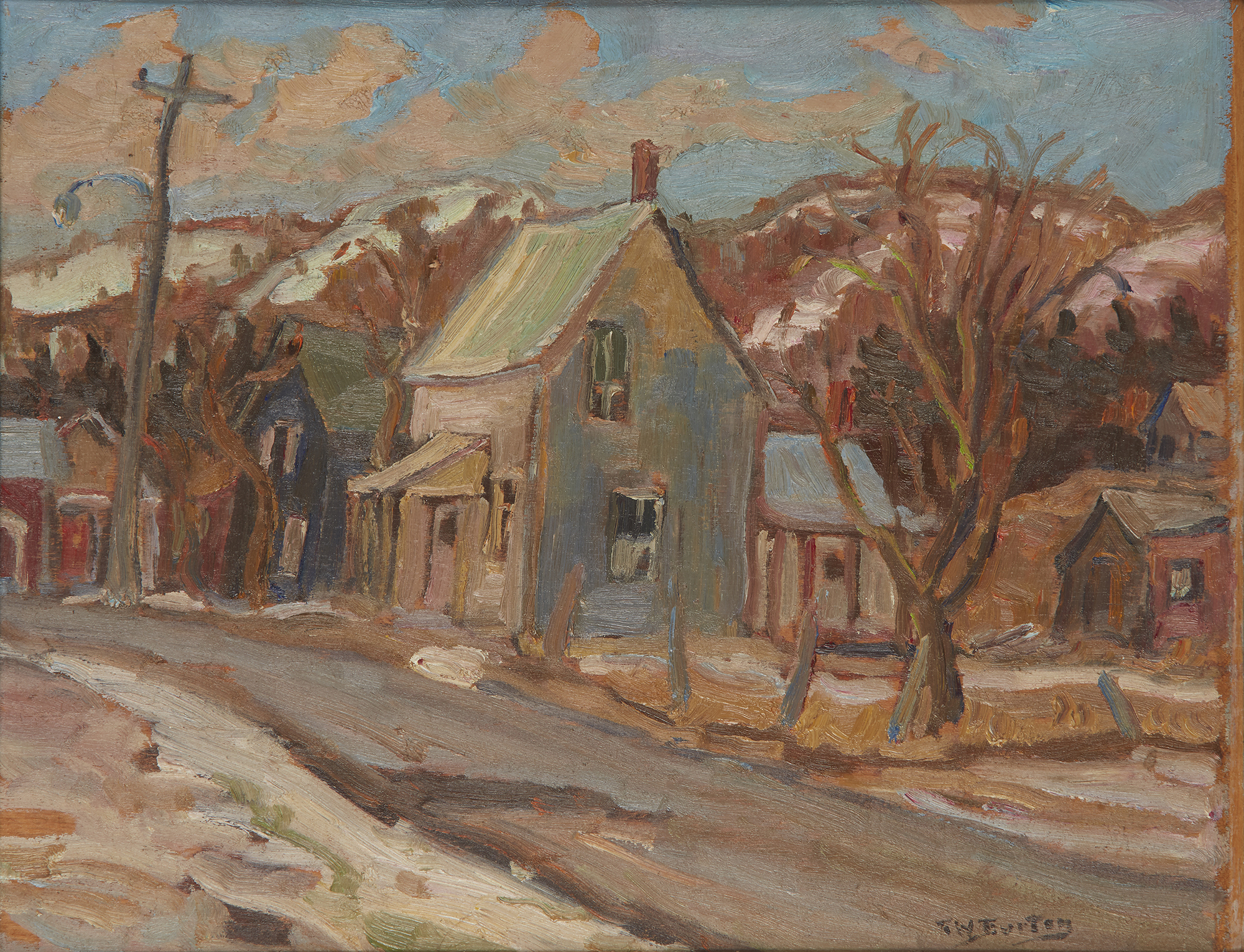 Ralph W. Burton,  Canadian 1905-1983 -  Town scene, Pontiac, 1966;  oil on panel, signed lower ...