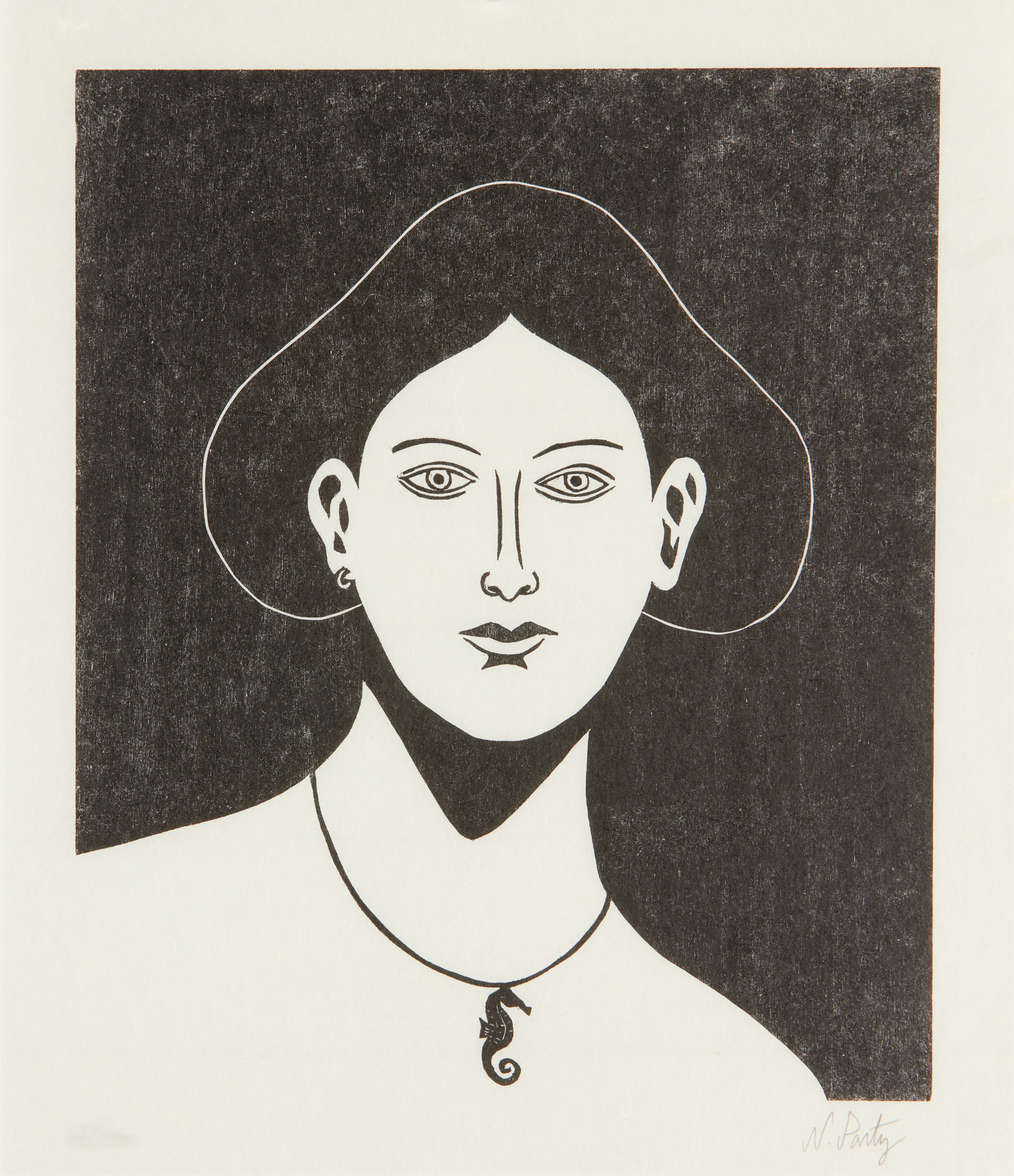 Nicolas Party, Swiss b.1980- Portrait with a Seahorse Necklace, 2021; woodcut print on HM-5 gam...