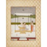 Lovers on a terrace, Oudh, North India, late 18th century, opaque pigments on paper heightened wi...